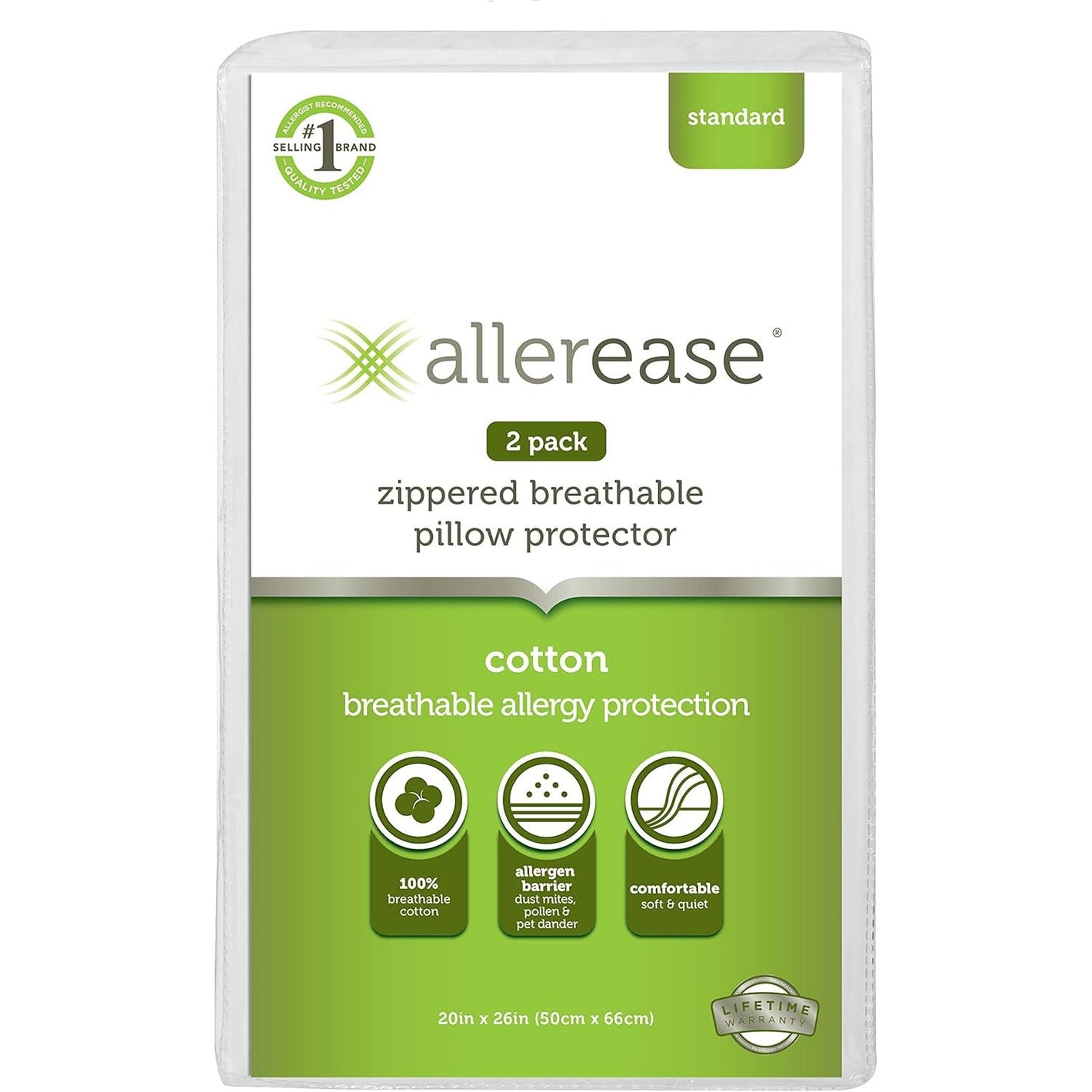 AllerEase 100% Breathable Cotton Pillow Protector for Sleeping, Standard 26" x 20" - 2 Pack