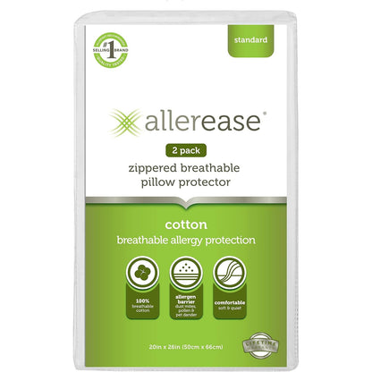 AllerEase 100% Breathable Cotton Pillow Protector for Sleeping, Standard 26" x 20" - 2 Pack