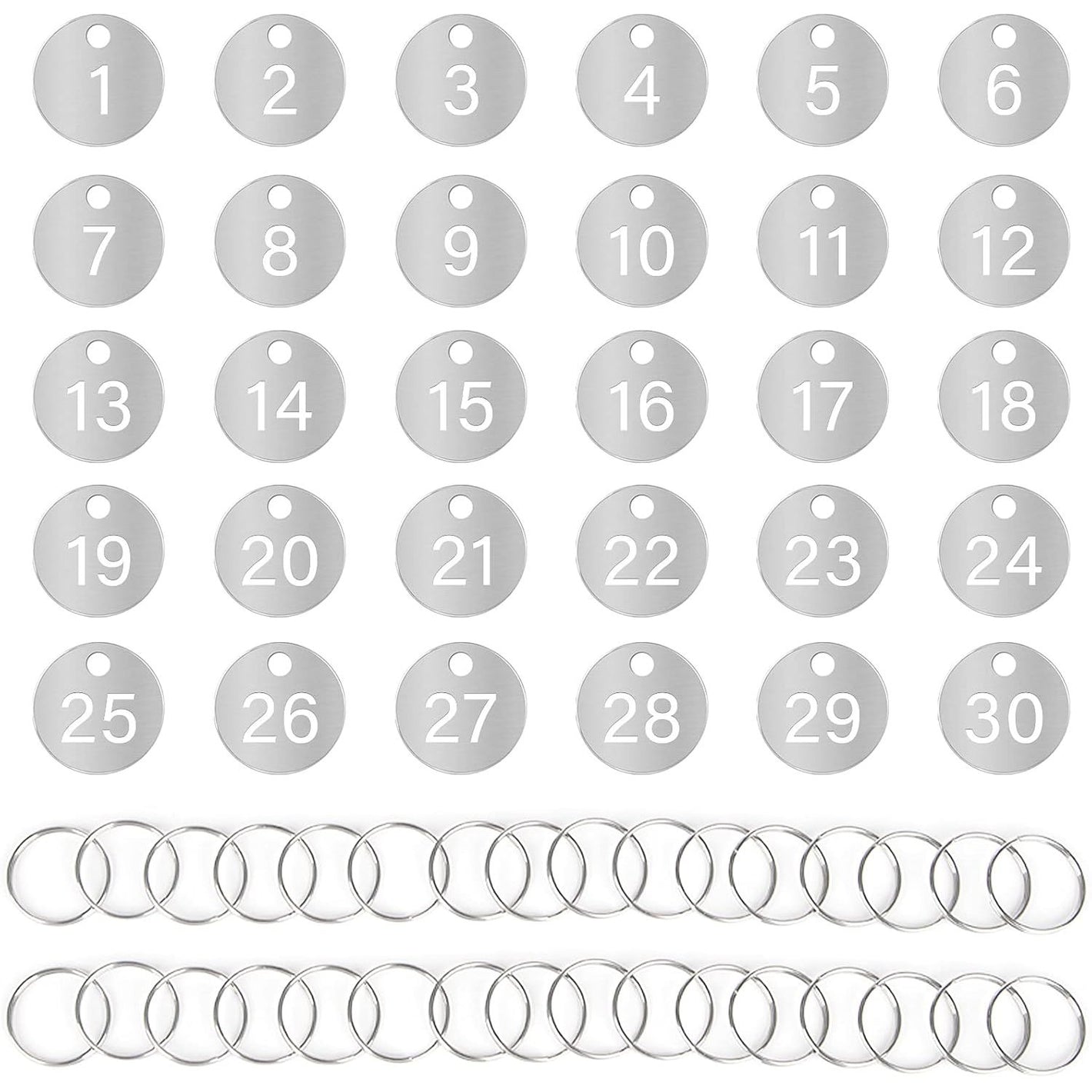 dedoot Number Tags 1-30, Hollow Numbered Steel Tags with Ring Numbers Key Tags for Dormitory House Lockers, 23mm Diameter, Silver