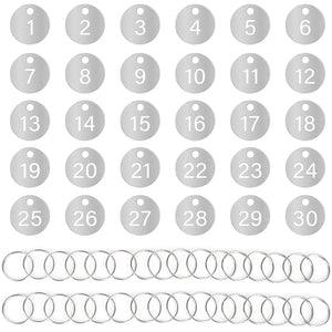 dedoot Number Tags 1-30, Hollow Numbered Steel Tags with Ring Numbers Key Tags for Dormitory House Lockers, 23mm Diameter, Silver