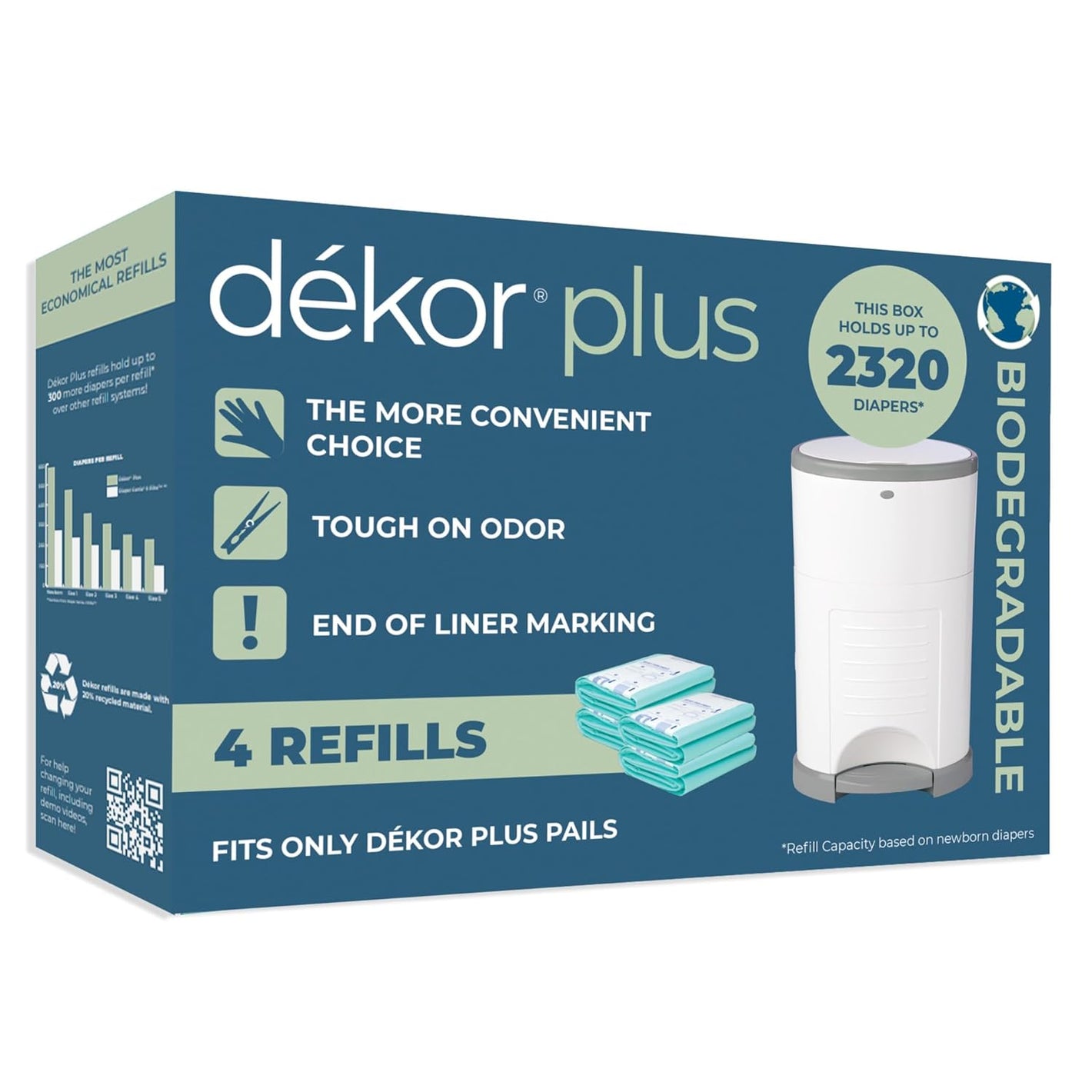 Diaper Dekor Plus Diaper Pail Biodegradable Refills | 4 Count | Most Economical Refill System | Quick & Easy to Replace | No Preset Bag Size – Use Only What You Need | Exclusive End-of-Liner Marking