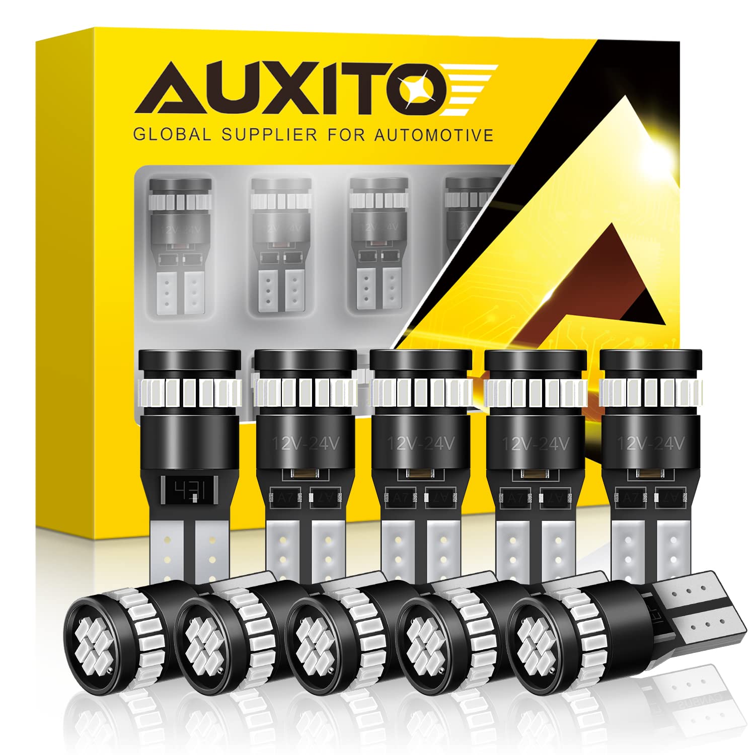 Buy now AUXITO 194 LED Light Bulb 6000K White 168 2825 W5W T10 Wedge 24-SMD 3014 Chipsets LED Replacement Light Kit Error Free for Car Interior Dome Map Door License Marker Lights, Pack of 10 at indiglob india