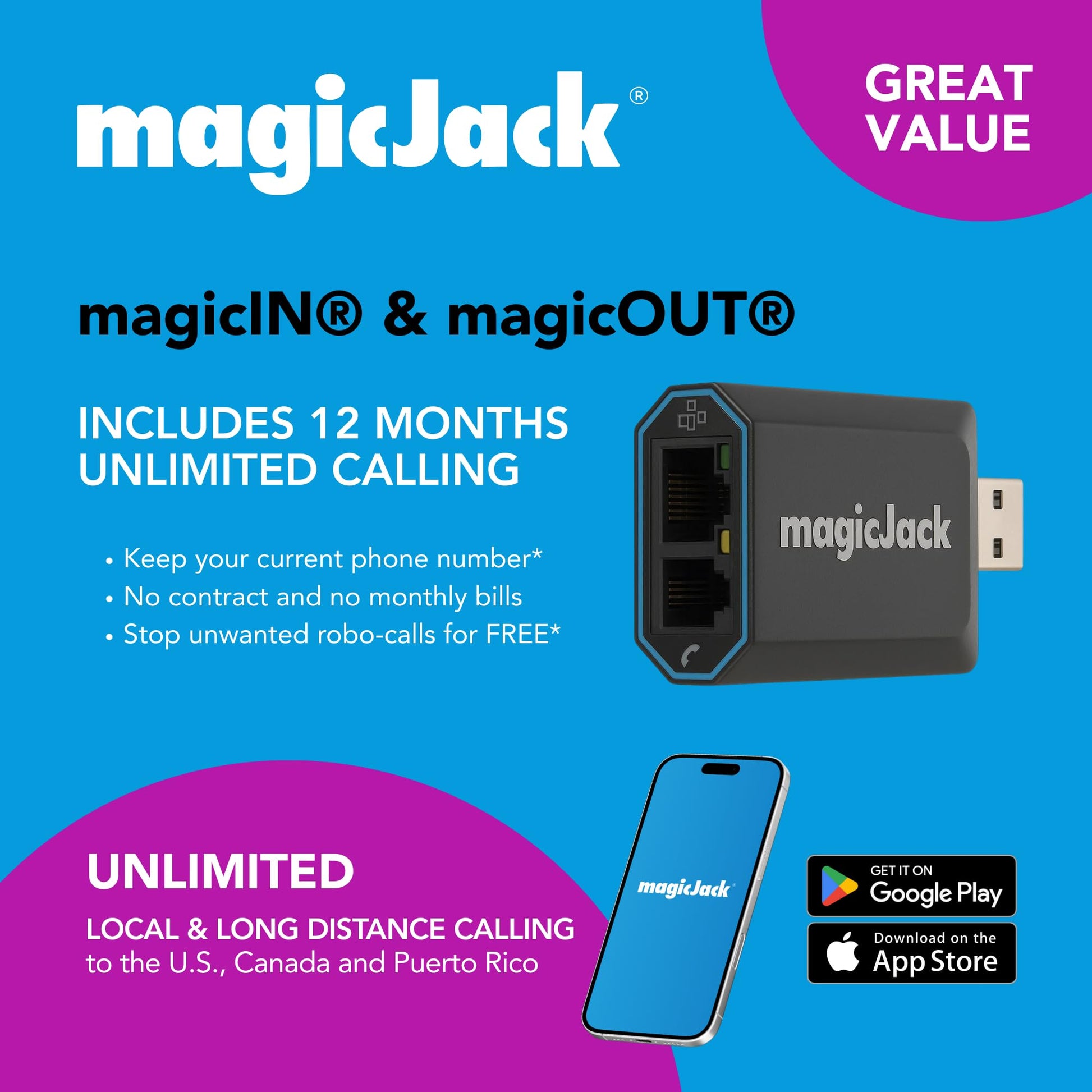 Buy now magicJack VOIP Phone Adapter - Unlimited Calls to US & Canada, No Monthly Bill, Portable Internet Phone with App, magicIN™ & magicOUT™ Service at indiglob india