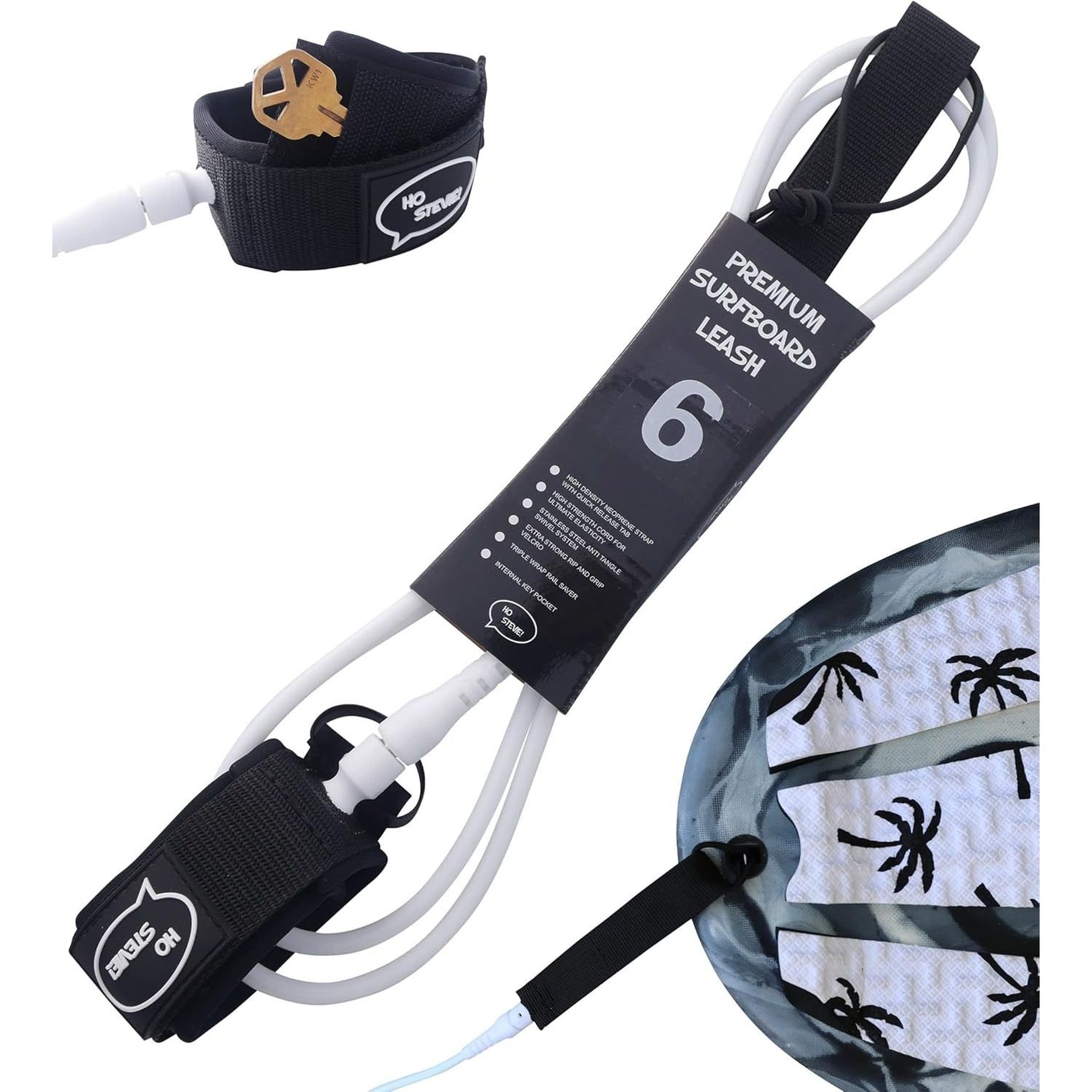 Ho Stevie! Premium Surf Leash - No Tangles, No Lost Surfboard - Hi-Strength Lightweight 1/4" Cord - Feels Like Surfing Leashless - 6/7/8/9 Feet