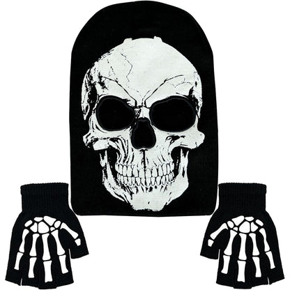 Skeleton Face Mask Knit Beanie with Eye Holes Halloween Skull Dress Up Headdress Cap Winter Warm Hat