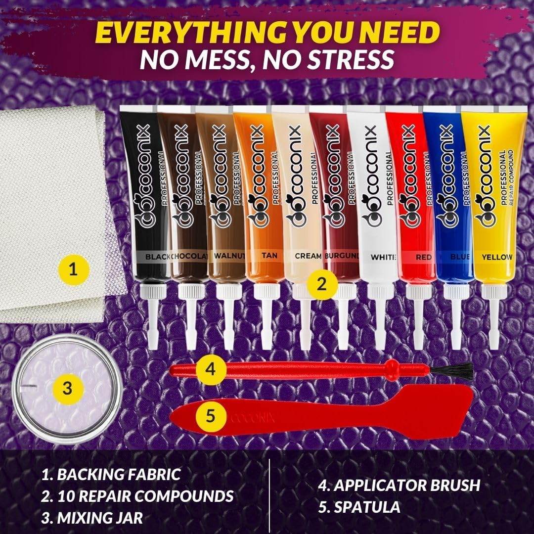 COCONIX Leather & Vinyl Repair Kit | Fix Tears, Holes, Scratches, and Peeling on Leather and Vinyl Furniture, Car Seats, and Jackets | Easy Application with Customizable Colors - My Store