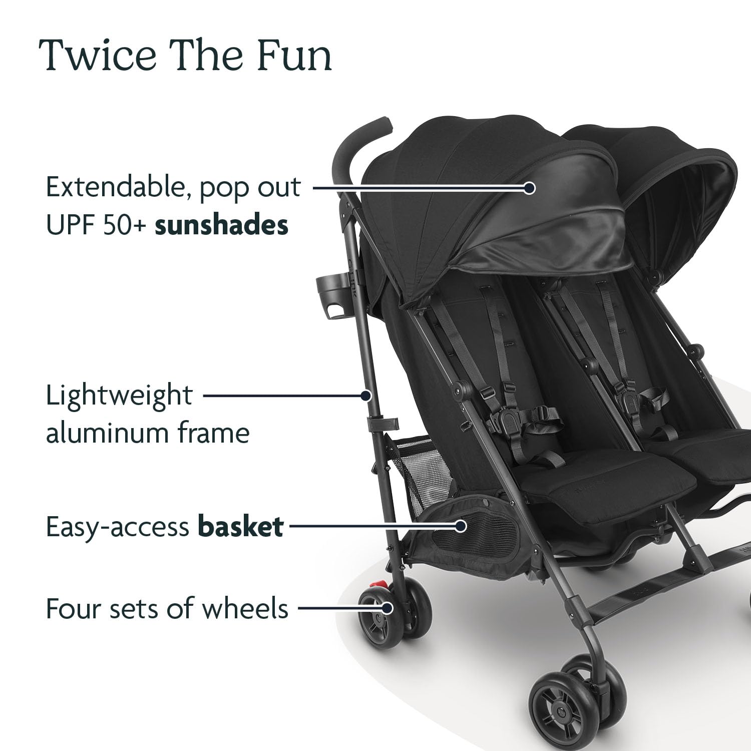 Buy now UPPAbaby G-Link V2 Double Umbrella Stroller / Lightweight Design / One-Step Fold + Recline / XL Basket + Canopy / Cup Holder Included / Jake (Black/Carbon Frame) at indiglob india