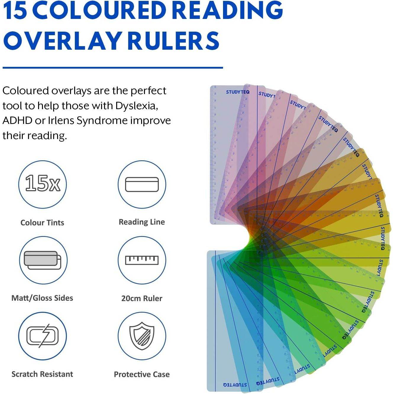 15 x Studyteq Professional Dyslexia Colored Reading Overlays and Rulers + Protective Case | Reading Tracking Rulers for Visual Stress, Dyslexia, Irlens Syndrome, and ADHD - My Store