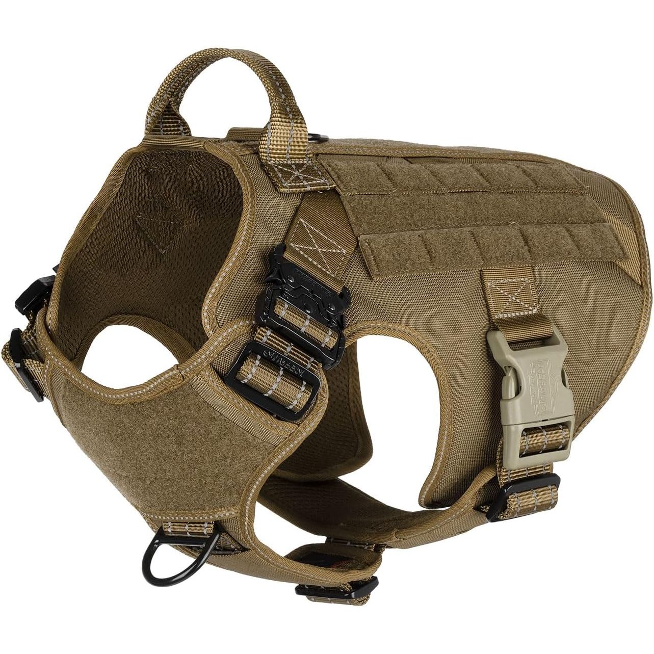 ICEFANG Tactical Dog Harness, Large Size,2X Metal Buckle,Working Dog MOLLE Vest with Handle,No Pulling Front Leash Clip,Hook and Loop Panel (Brown,L (Pack of 1))