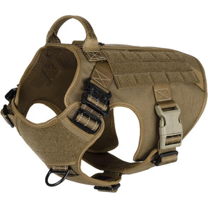 ICEFANG Tactical Dog Harness, Large Size,2X Metal Buckle,Working Dog MOLLE Vest with Handle,No Pulling Front Leash Clip,Hook and Loop Panel (Brown,L (Pack of 1))