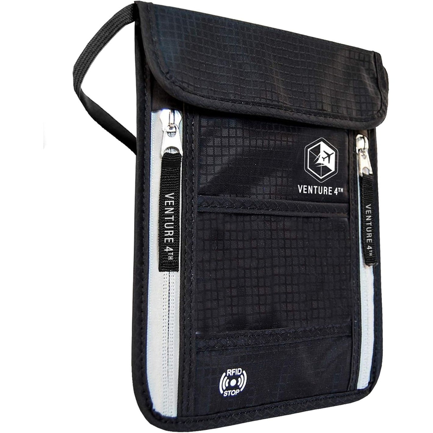 VENTURE 4TH Passport Holder Neck Wallet with RFID Blocking Nylon Lining - Hidden Neck Pouch for Travel (Black)