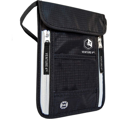 VENTURE 4TH Passport Holder Neck Wallet with RFID Blocking Nylon Lining - Hidden Neck Pouch for Travel (Black)