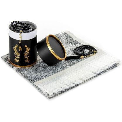 Muslim Prayer Rug and Prayer Beads with Elegant Cylinder Gift Box | Janamaz | Sajadah | Soft Islamic Prayer Rug | Islamic Gifts Set | Prayer Carpet Mat, Taffeta Fabric, Pink