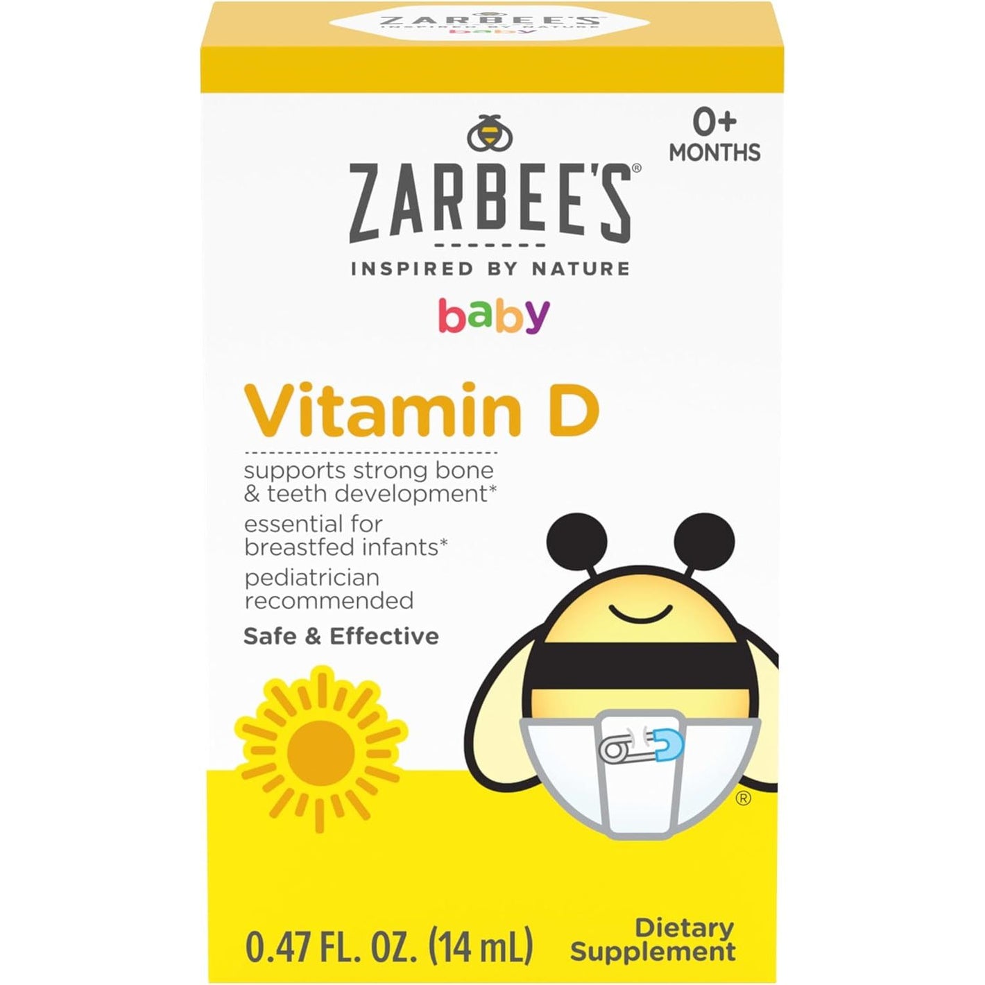 Zarbee's Vitamin D Drops for Infants, 400IU (10mcg) Baby & Toddler Liquid Supplement, Newborn & Up, Dropper Syringe Included, 0.47 Fl Oz