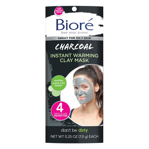 Bioré Charcoal Instant Warming Clay Mask, Cleanse Clogged Pores, 4 Count, with Natural Charcoal, Dermatologist Tested