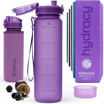 Hydracy Water Bottle with Time Marker -Large BPA Free Water Bottle & No Sweat Sleeve -Leak Proof Gym Bottle with Fruit Infuser Strainer & Times to Drink -Ideal for Fitness Sports & Outdoors