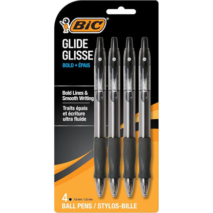 BIC Glide Bold Black Ballpoint Pens, Bold Point (1.6mm), 4-Count Pack, Retractable Ballpoint Pens With Comfortable Full Grip