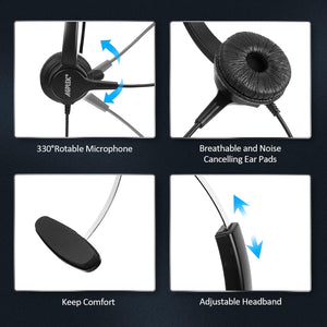 AGPTEK® Hands-Free Call Center Noise Cancelling Corded Monaural Headset Headphone for Desk Telephone with 4-Pin RJ9 Crystal Head