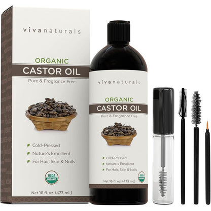 Viva Naturals Cold pressed Organic Castor Oil 16 fl oz - Castor Oil for Face, Eyelashes, Traditional Eyebrow Serum, Hair Oil - Certified Organic & Non-GMO