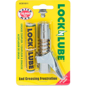 LockNLube Grease Gun Coupler locks onto Zerk fittings. Grease goes in, not on the machine. World's best-selling original locking grease coupler. Rated 10,000 PSI. Long-lasting rebuildable tool.