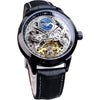 FORSINING Men's Skeleton Moon Phase Watch Mechanical Self-Wind Tourbillon Dual Time Zone Watches Automatic Luxury Leather Strap Large Dial Wristwatch - black