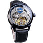 FORSINING Men's Skeleton Moon Phase Watch Mechanical Self-Wind Tourbillon Dual Time Zone Watches Automatic Luxury Leather Strap Large Dial Wristwatch