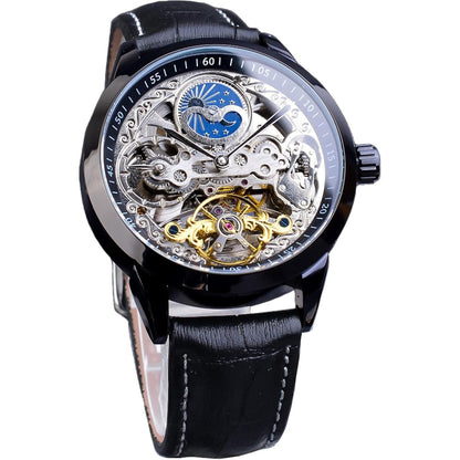FORSINING Men's Skeleton Moon Phase Watch Mechanical Self-Wind Tourbillon Dual Time Zone Watches Automatic Luxury Leather Strap Large Dial Wristwatch