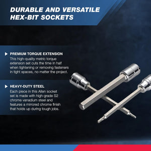 Neiko 10076A 3/8-Inch Drive Extra Long Allen Hex Bit Socket Set, Metric, 3 mm - 10 mm | S2 and Cr-V Steel, 7-Piece Set