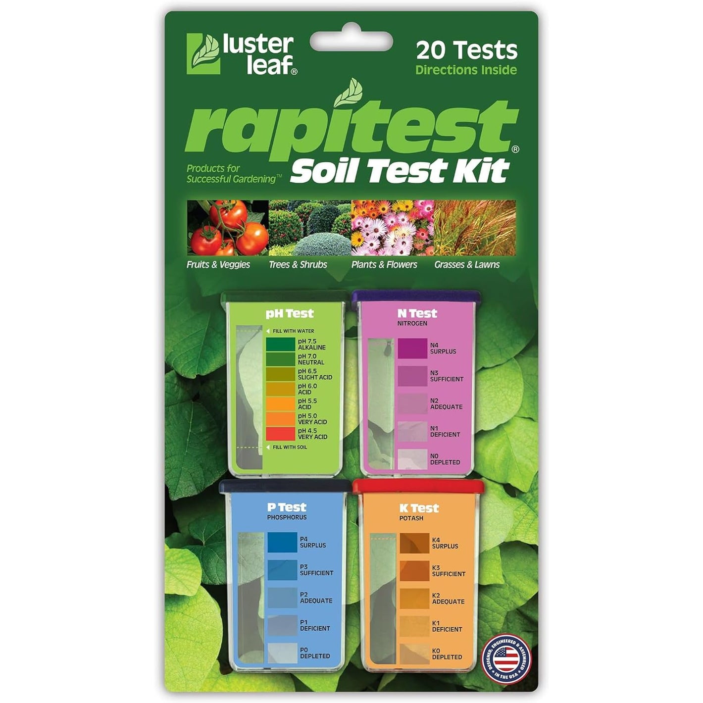 Rapitest Soil Test Kit for Gardens, Vegetables, Flowers and Lawns. USA designed and assembled soil tester completely, quickly and accurately measures/analyzes soil pH acidity and garden nutrients