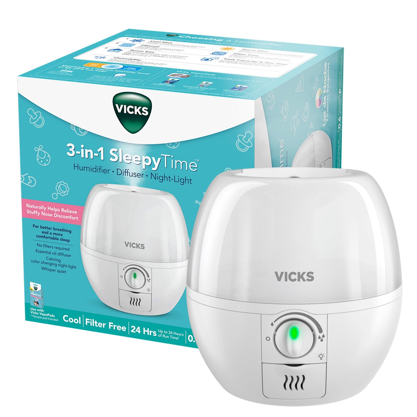 Buy now Vicks Cool Mist 3-in-1 SleepyTime Humidifier for Baby & Kids with Color Changing Night Light and Essential Oil Diffuser at indiglob india