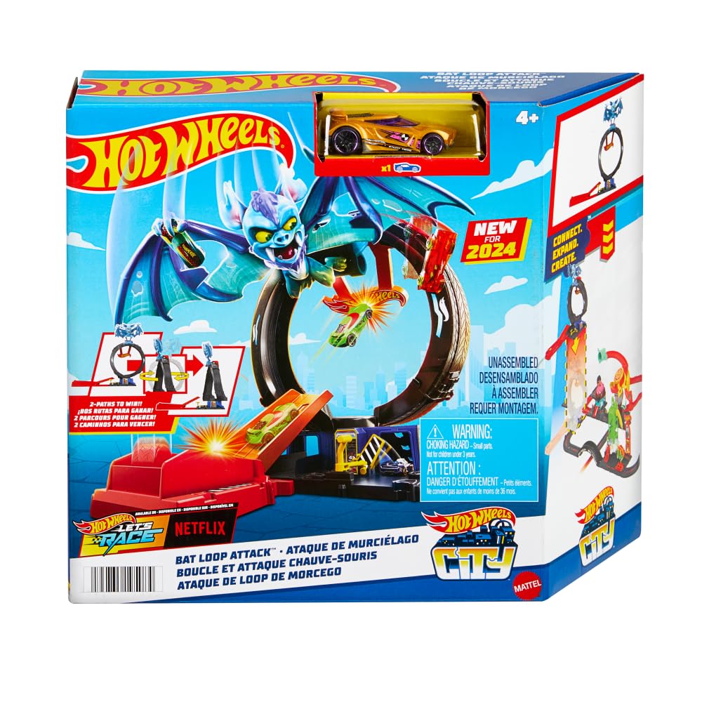 Buy now Hot Wheels City Toy Car Track Set, Bat Loop Attack with Adjustable Loop & Launcher, 1:64 Scale Vehicle, Connects to Other Sets at indiglob india