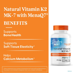 Doctors Best Natural Vitamin K2 MK-7, Supports Tissue & Bone Health, Non-GMO, Gluten Free, Soy Free, Vegan 60 Veggie Caps