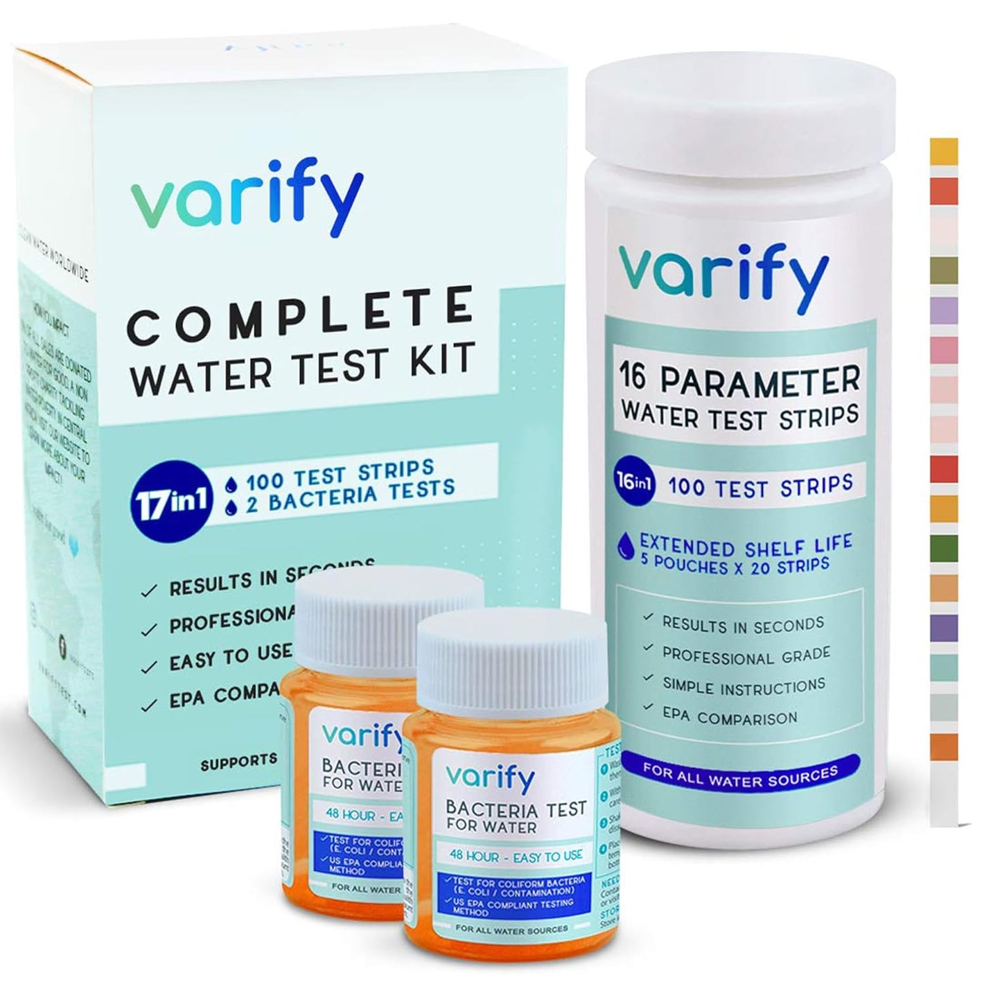 Varify 17in1 Complete Drinking Water Test Kit - 100 Strips + 2 Bacteria Tester Kits - Well, Tap, Home, City Water Testing Strip for Lead, Alkaline, Chlorine, Hardness, Iron, Fluoride, Copper & More