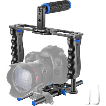 NEEWER Camera Video Cage Film Movie Making Kit, Aluminum Alloy with Top Handle, Dual Hand Grip, Two 15mm Rods, Compatible with Canon Sony Fujifilm Nikon DSLR Camera and Camcorder (Black + Blue)