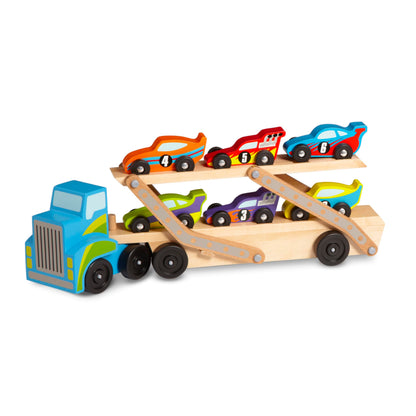 Buy now Melissa & Doug Mega Race-Car Carrier - Wooden Tractor and Trailer with 6 Unique Race Cars at indiglob india