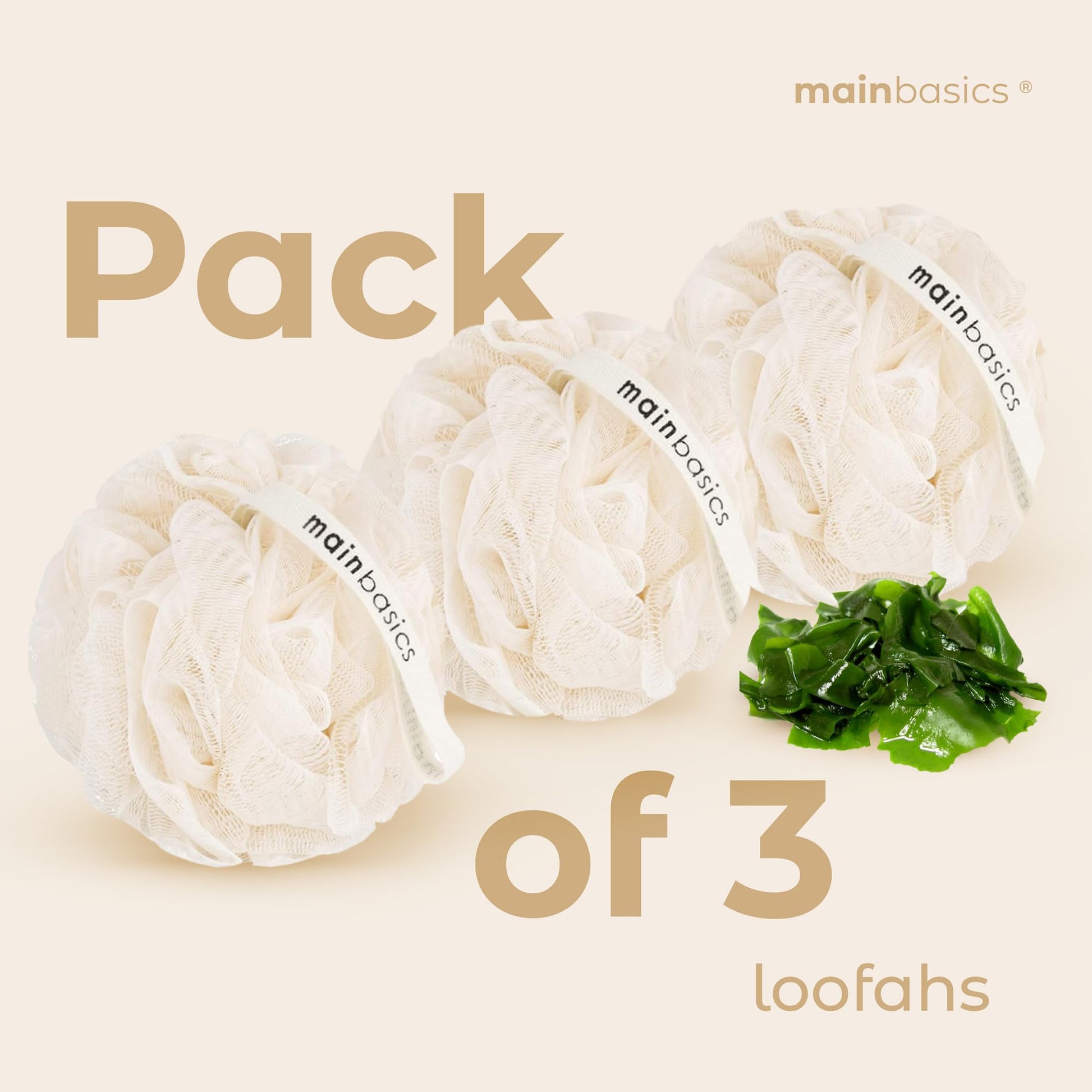 Buy now MainBasics Seaweed Infused Bath Shower Loofah Sponge Pouf Body Wash Scrubber (Set of 3) at indiglob india