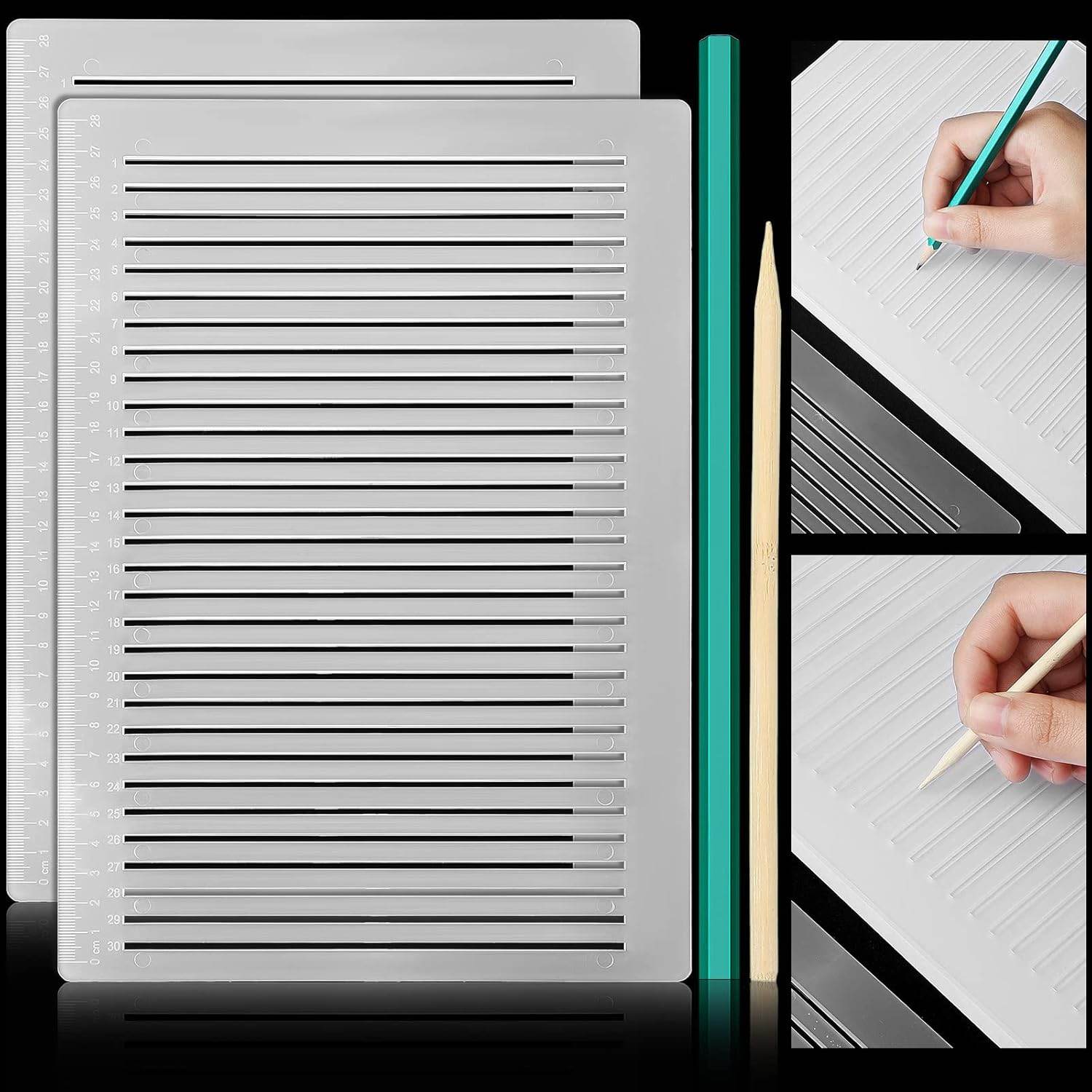 2 Packs Plastic Straight Line Stencil Template for Journaling Spacing Line Lettering Guide 11 Inch Scale Writing Ruler Envelope Addressing Template with Bamboo Stick and 2B Pencil for Paper Card Aids - My Store