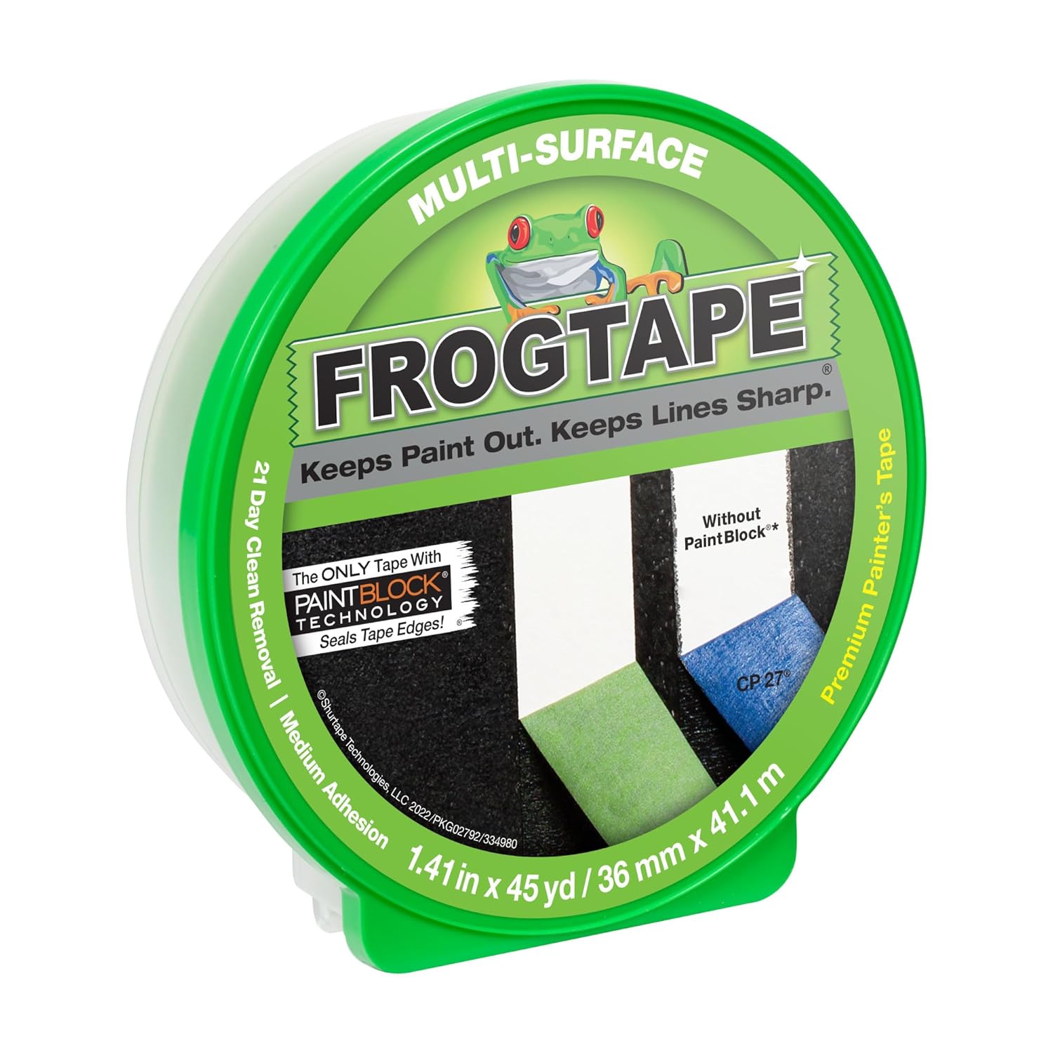 Buy now FrogTape Multi-Surface Painters Tape with PAINTBLOCK, 1.5 Inch Wide (1.41 In. x 60 Yds), Medium Adhesion, Green, 1 Roll (1358465) 1 Roll, 1.14” x 45 yds at indiglob india