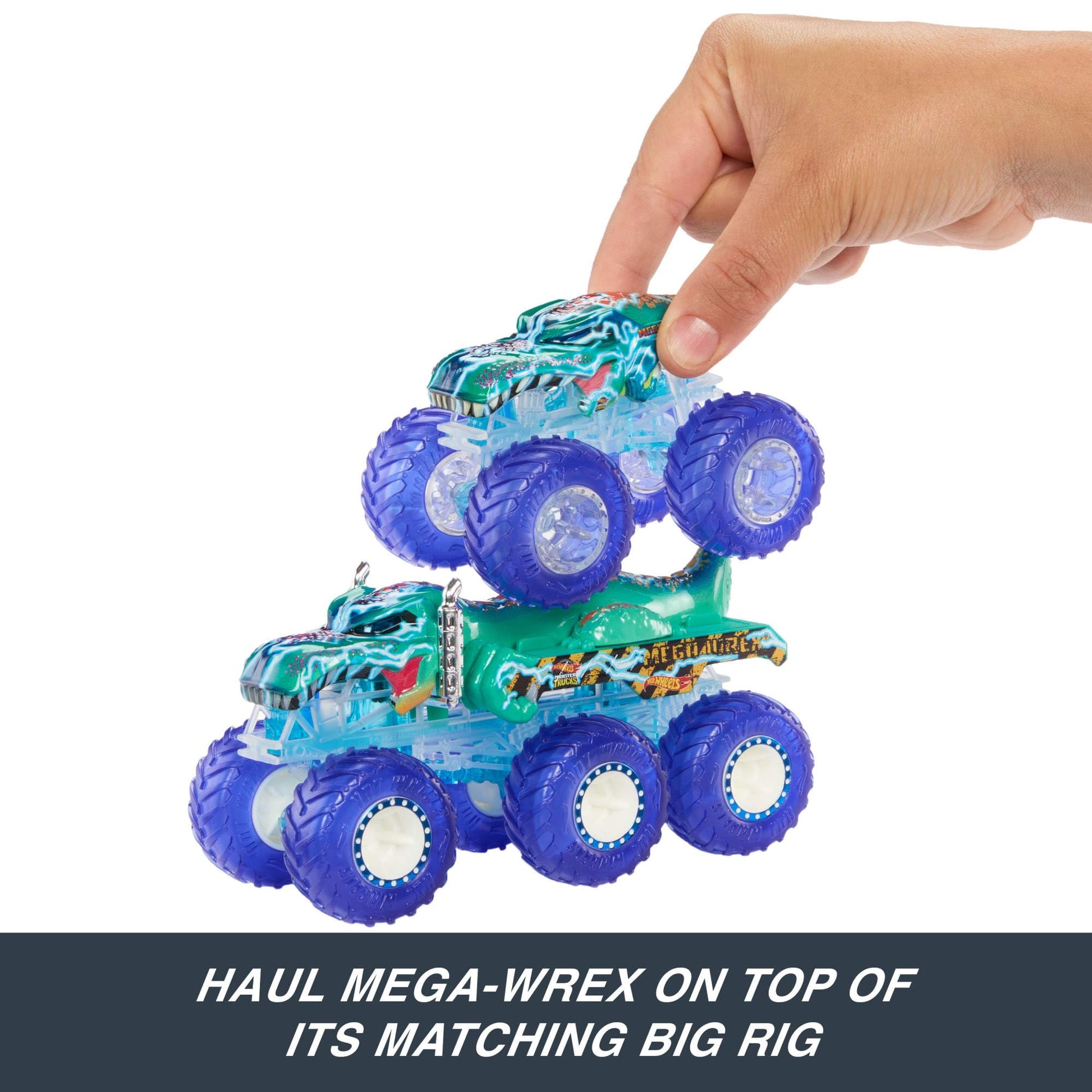 Buy now Hot Wheels Monster Trucks Multipack, 1:64 Scale Mega-Wrex & Tiger Shark Toy Trucks with Big Rigs in Matching Power Smashers Deco at indiglob india