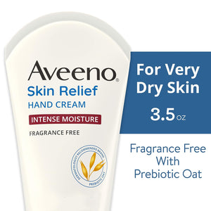 Aveeno Skin Relief Intense Moisture Hand Cream with Soothing Prebiotic Oat for Dry and Sensitive Skin Cream Softens & Smooths Hands & Lasts Through Hand Washing, Fragrance-Free, 3.5 oz