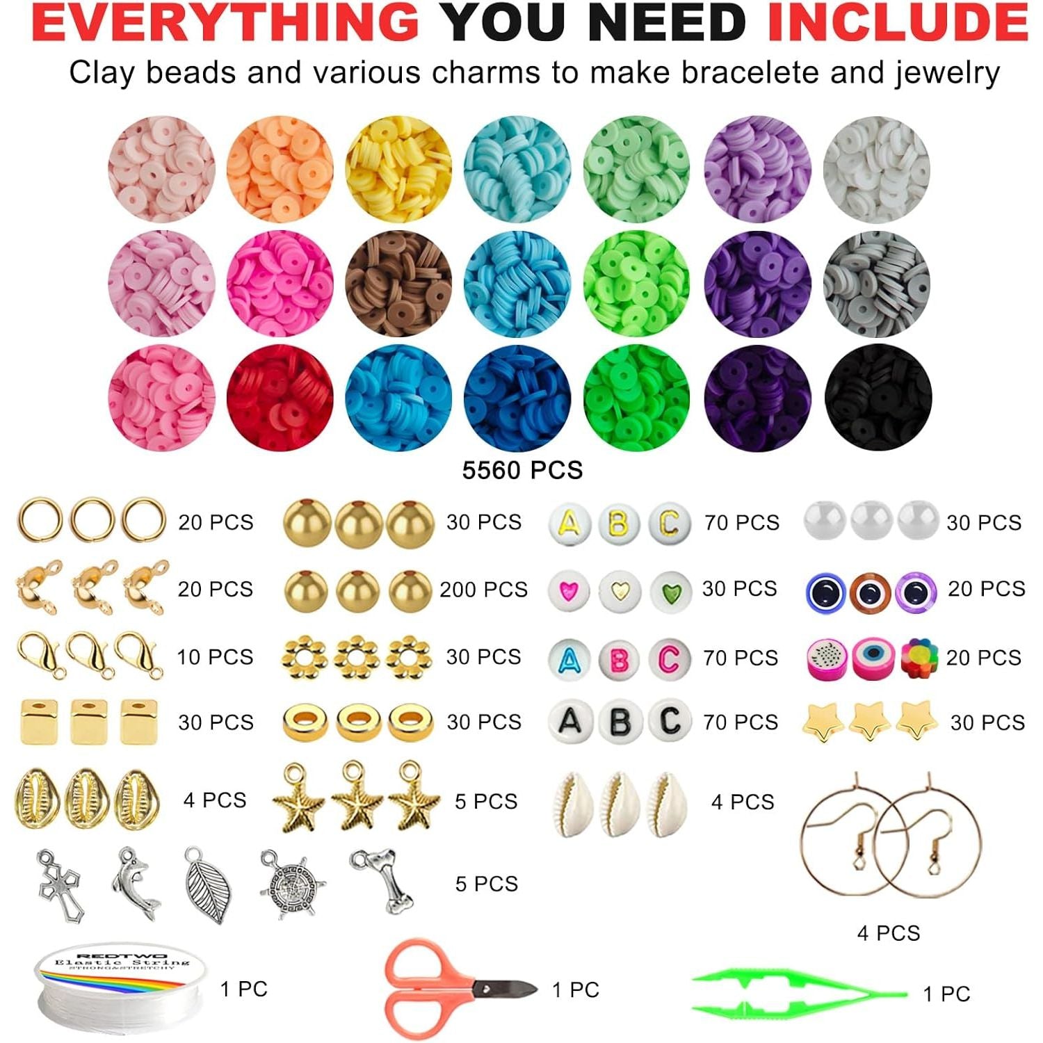 Buy now Redtwo 6200 Pcs Clay Beads Bracelet Making Kit, Flat Round Polymer Heishi Friendship Bracelet Jewelry Kit with Charms and Elastic Strings for Girls 8-12 Gifts for Kids at indiglob india