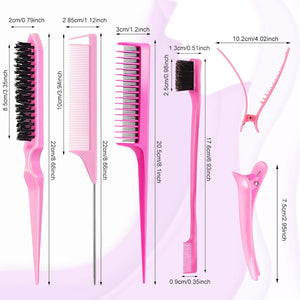8 Pcs Styling Hair Comb Brush Set with Teasing Edge Brush Parting Rat Tail Comb Hairclip for Women Slicking Ponytail and Smoothing Hair(Pink)