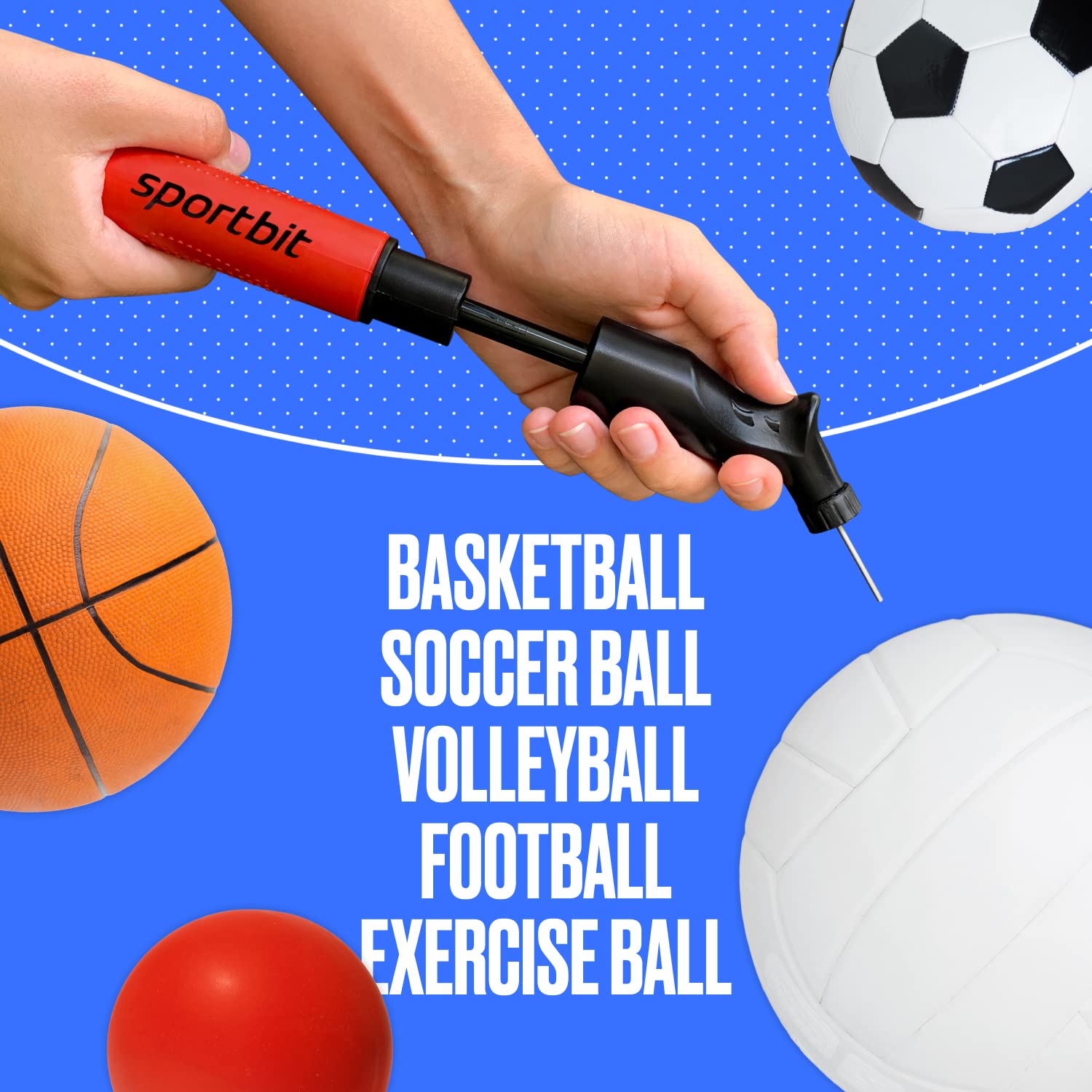 Buy now SPORTBIT Ball Pump for Sports Balls - Push & Pull Inflating System - Hand Pump for All Exercise Balls - Volleyball Pump, Basketball Inflator, Football & Soccer Ball Air Pump - Goes with 5 Needles Set at indiglob india