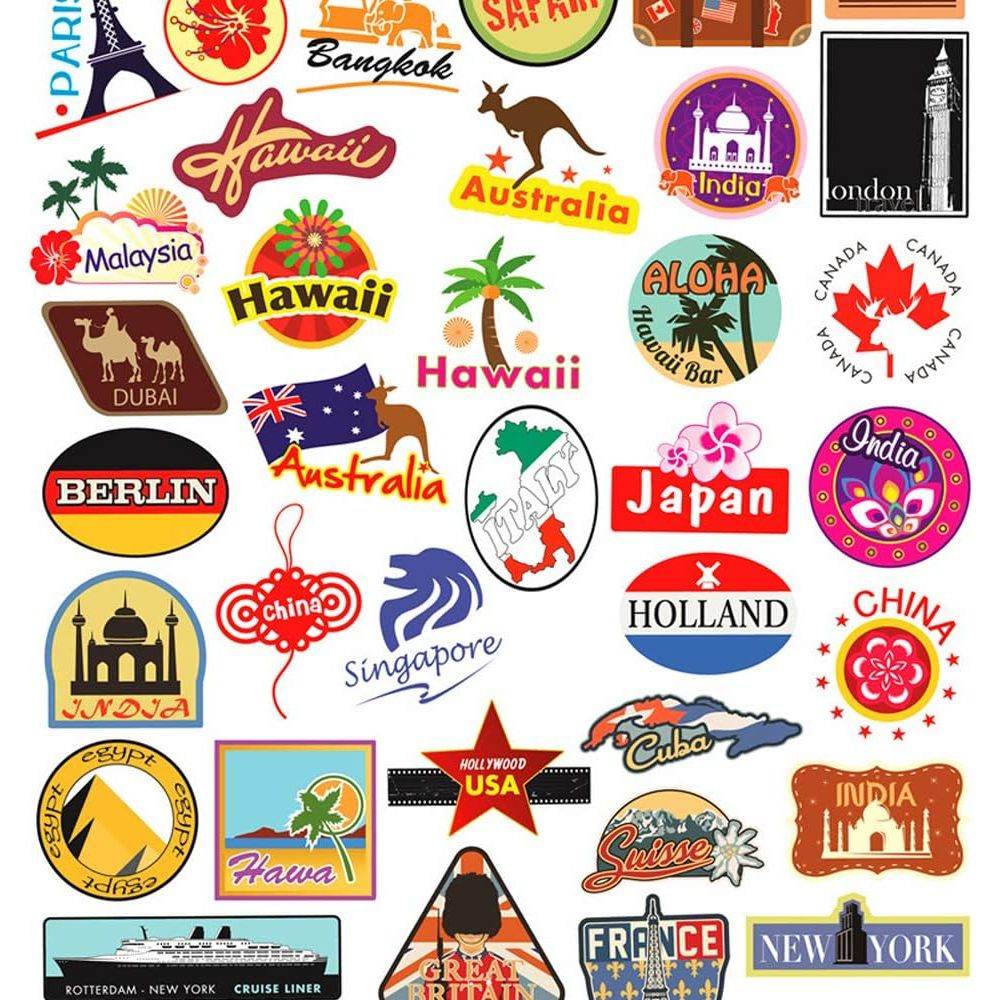 100pcs Travel Map Stickers World Famous Tourism Country Regions Logo Waterproof Tourist Wonders Stickers National Flag Idea for Luggage Skateboard Laptop Luggage Suitcase Book Covers - My Store