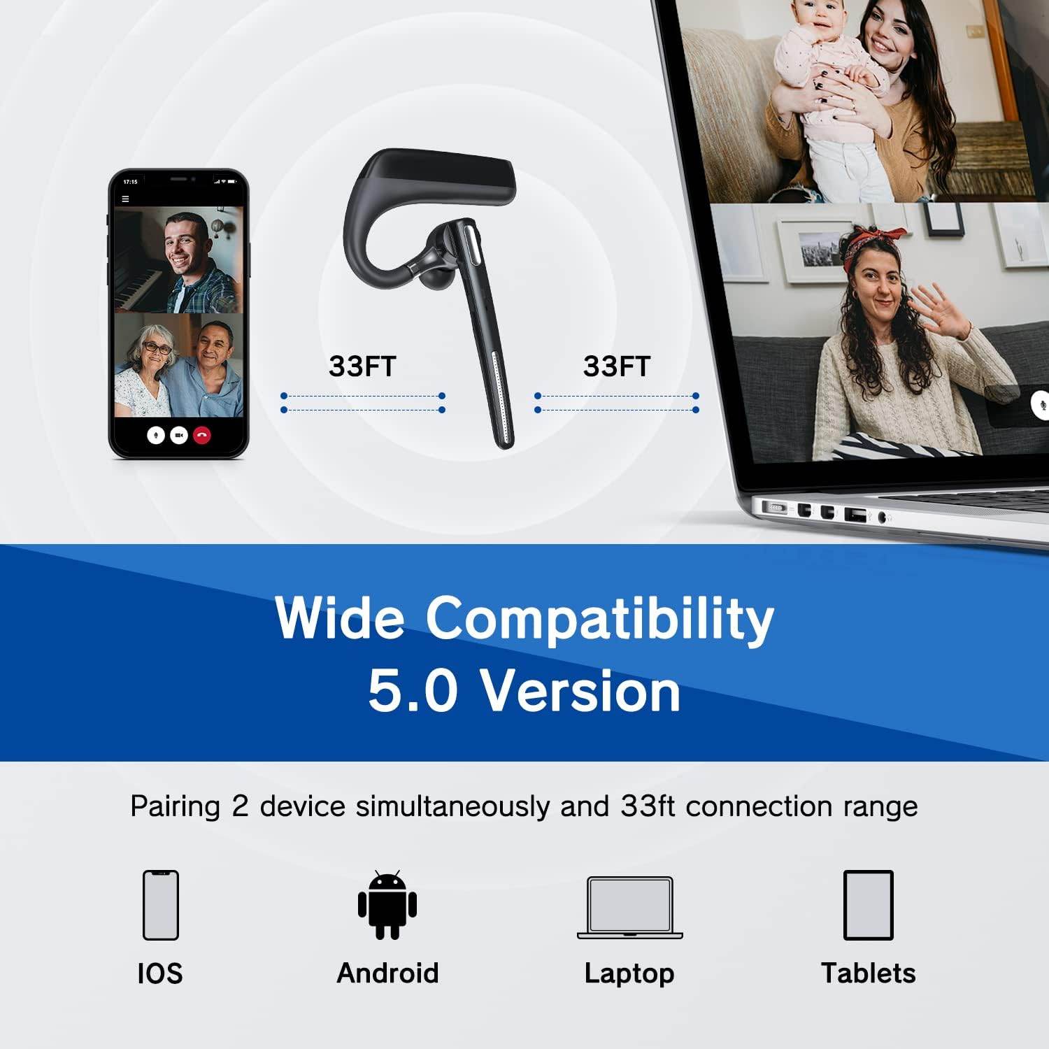 Bluetooth Headset - Wireless Headset with Microphone 90 Days Standby/110 Hours Talktime, Bluetooth Earpiece for Cell Phone/PC Tablet/Laptop Computer, Headphones for Trucker/Driver/Business - My Store