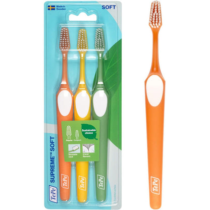TePe Supreme Toothbrush, Soft Bristle Toothbrush, Tapered Brush Head for Sensitive Teeth and Gum Care, Adult, 3 Pack