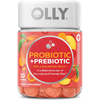OLLY Probiotic + Prebiotic Gummy, Digestive Support and Gut Health, 500 Million CFUs, Fiber, Adult Chewable Supplement for Men and Women, Peach, 30 Day Supply - 30 Count