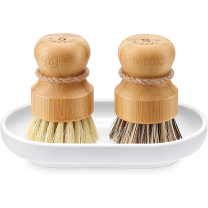 SUBEKYU Bamboo Dish Scrub Brush for Kitchen Sink, Natural Wooden Washing Dish Brush Scrubber with Sisal Bristles for Household Cleaning, Cast Iron Pots, Pans and Vegetables