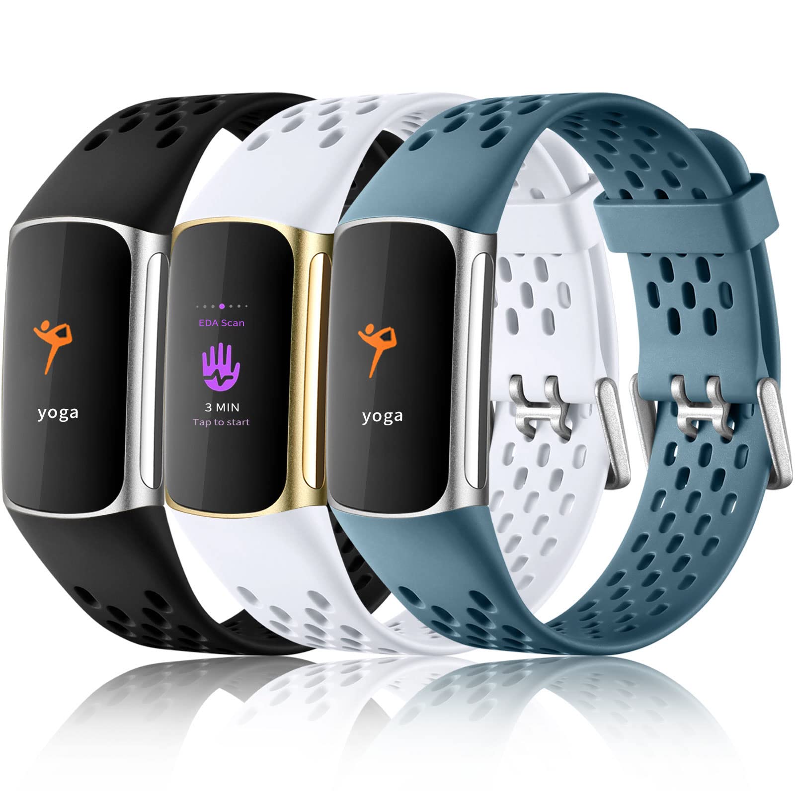 Buy now Maledan Compatible with Fitbit Charge 5/ Fitbit Charge 6 Bands Women Men, Breathable Sport Band Soft Waterproof Replacement Wristbands Strap for Fitbit Charge 5/ Charge 6 Advanced Fitness Tracker White Black Steel Blue at indiglob india