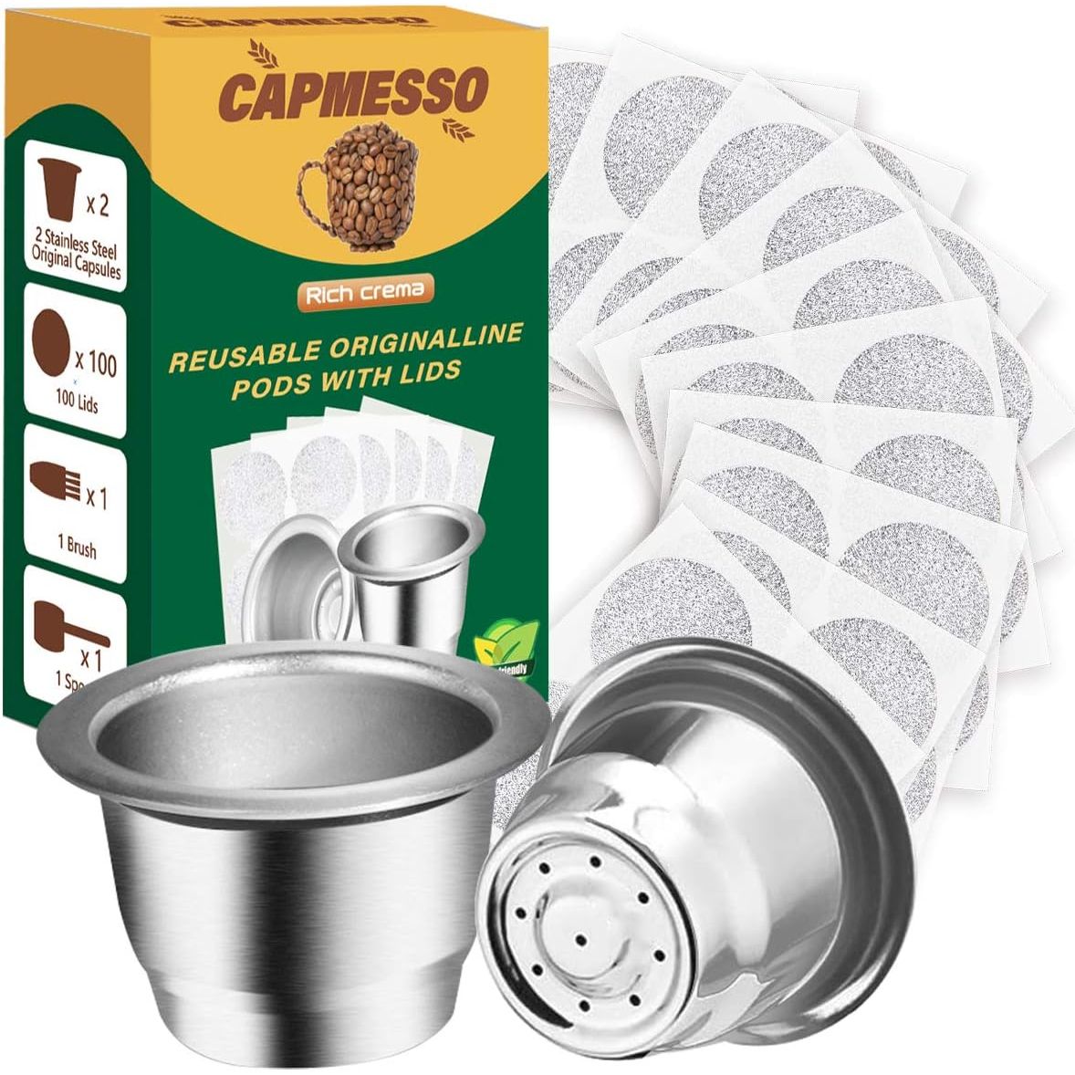 CAPMESSO Reusable Capsules for Nespresso OriginalLine, Refillable Coffee Pods Stainless Steel Cups Compatible with Nespresso OriginalLine Brewer(2 Pods+100 Lids)